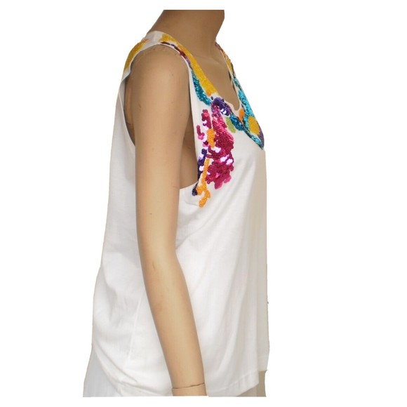 Vintage Gene Ewing Yellow Pink Blue Sequined White Tank Top Womens Size Medium - Picture 9 of 10